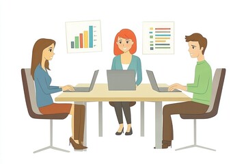 Team collaboration, office meeting, data analysis, project discussion, laptops, charts