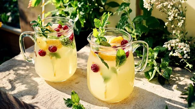 Fresh lemonade with raspberries and mint in glass jugs, summer refreshment animation perfect for beverage and healthy lifestyle promotion horizontal video