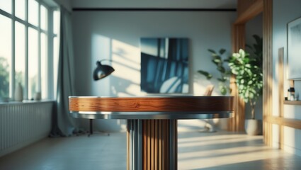 Fototapeta premium Bright modern interior with wooden table and large windows for product shots