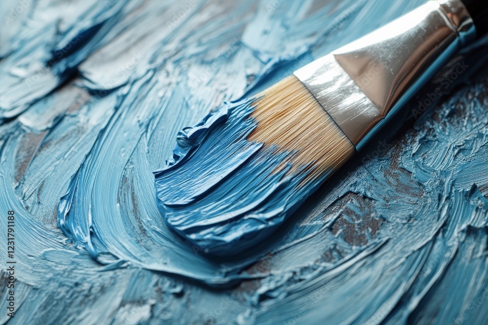 Poster brush coated in blue paint rests on textured surface in an art studio setting during daylight hours