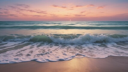 Fototapeta premium A breathtaking sunset over the ocean shore, casting warm golden hues across the sky and reflecting on the gentle waves. Perfect for nature, travel, and relaxation themes