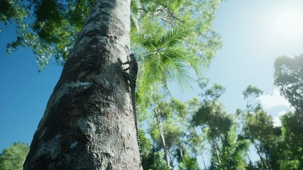 Fototapeta premium Low Angle View of a Tall Tree Trunk in a Sunlit Forest