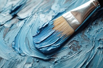 Fototapeta premium Brush coated in blue paint rests on textured surface in an art studio setting during daylight hours