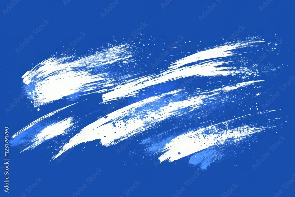 Poster Swirling white brush strokes on a vibrant blue background create a dynamic visual texture in abstract art