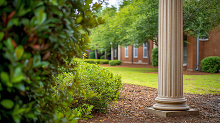 Classical college campus with column and walkway. Suitable for education, academic institutions, and campus life themes.