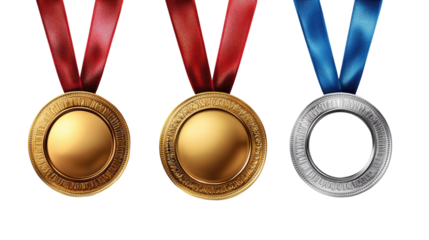 Set of gold silver and bronze medals with ribbon on transparent background. 