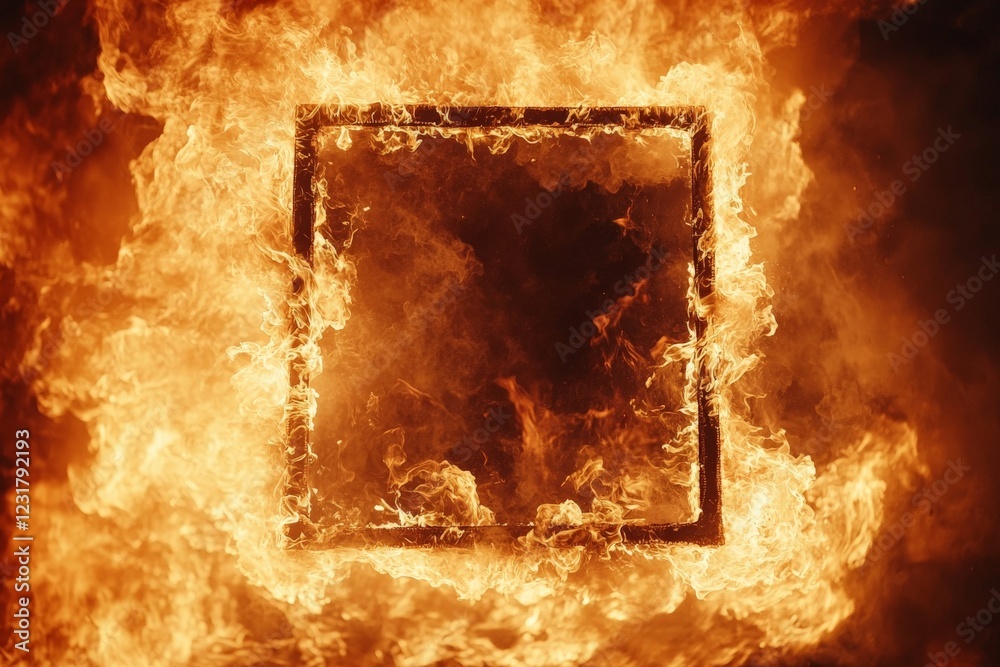 Poster flames engulf a burning frame in a dramatic display of fire and heat during a nighttime event