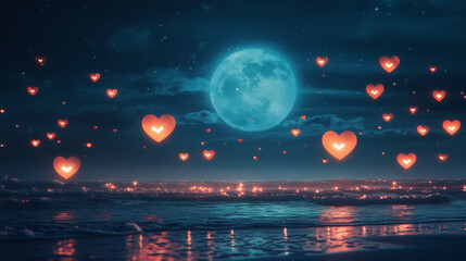 Fototapeta premium Glowing hearts float over a tranquil ocean under a full moon, a magical, romantic scene.