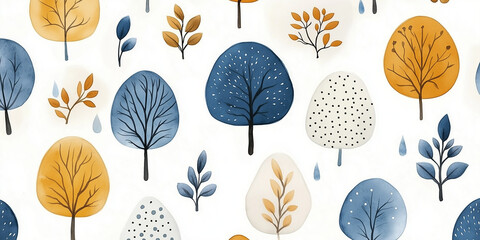Pattern of trees and rain droplets in colorful illustration.