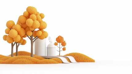 Autumnal 3D Render Orange Trees and White Structures on a Hill