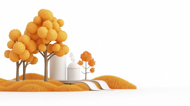 Autumnal 3D Render Orange Trees and White Structures on a Hill