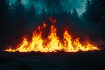 Intense wildfire engulfing forest area during dark evening hours with towering flames and smoke