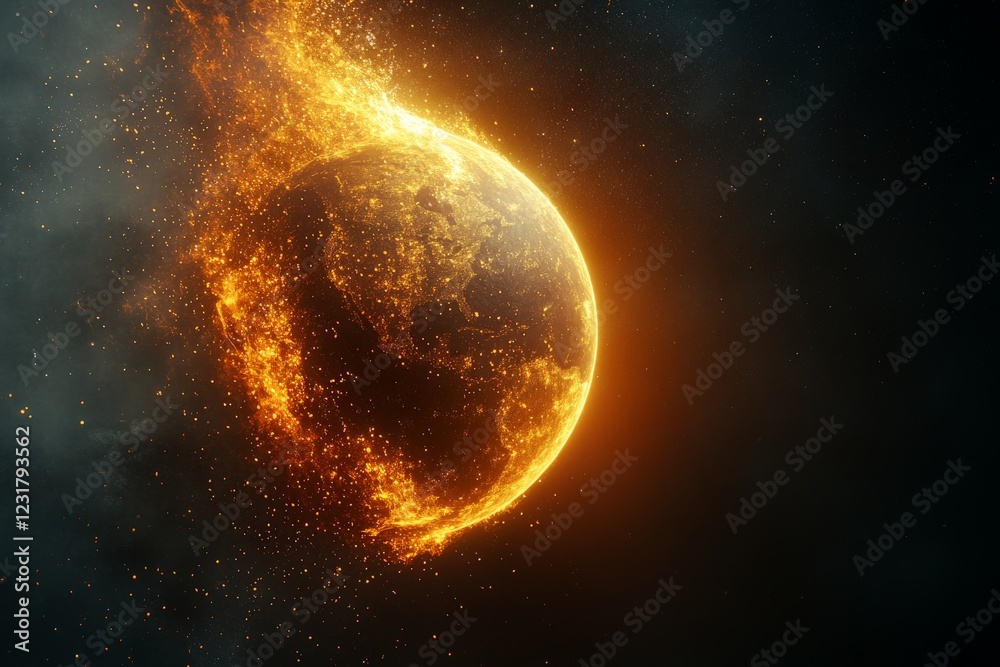 Poster planet engulfed in flames creates a dramatic cosmic spectacle in outer space