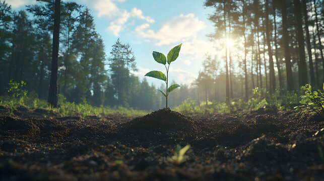 Sapling growing in forest at sunrise, reforestation