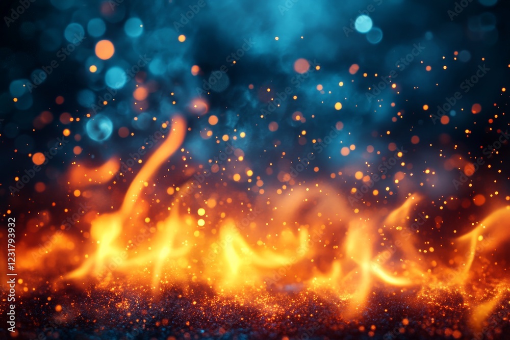 Poster Dynamic flames dance against a backdrop of blue bokeh lights and vibrant sparks creating an intense visual display