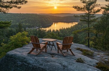 A pair of wooden chairs are set up on a rocky hillside overlooking a lake