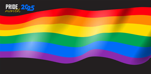 Banner rainbow design element with abstract shape. LGBTQ Pride month flag 2025 vector flowing. Rainbow color wave background template shape for flyer, brochure, booklet, cover, banner, poster.