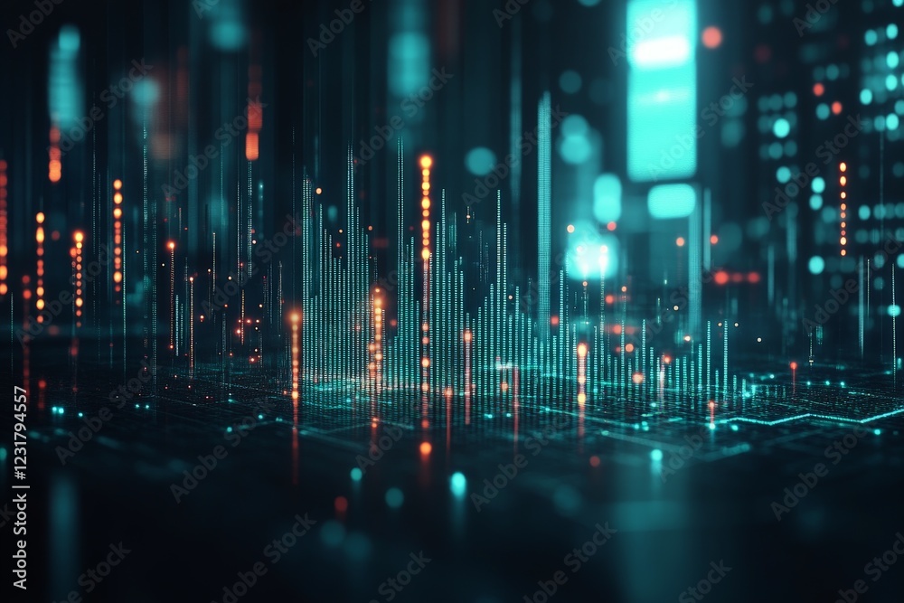 Aufkleber Digital landscape with glowing data visualizations representing technological trends and advancements in an urban setting