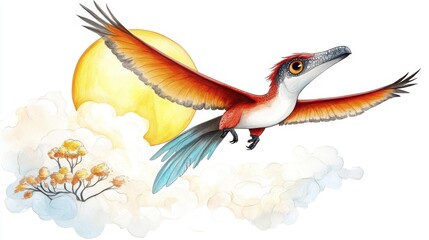 Obraz premium Red And White Feathered Dinosaur Soaring In Cloudy Sunset Sky Watercolor Painting