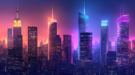 Fototapeta premium Neon-lit Manhattan skyline at dusk, futuristic cityscape, advert