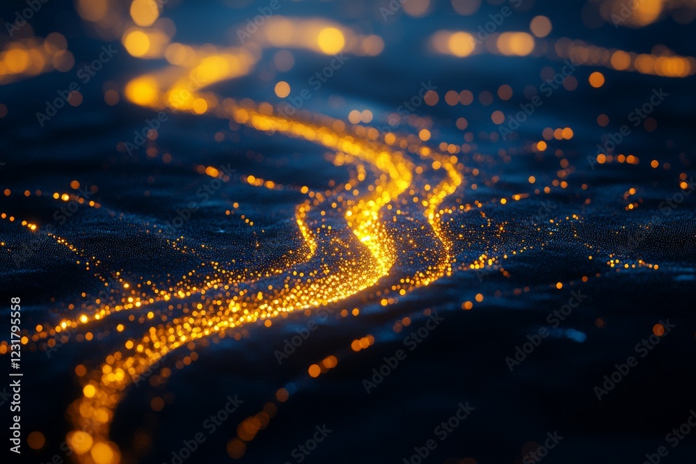 Poster vibrant golden river shimmering on a dark surface at night, creating a mesmerizing glow and magical 