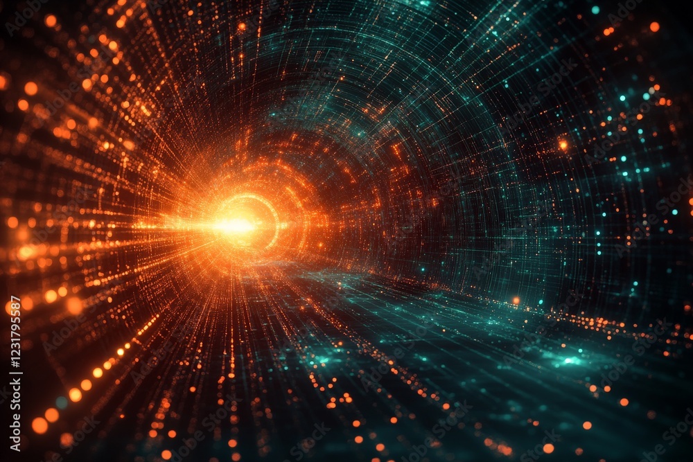 Poster vibrant energy emanates from the center of a cosmic tunnel filled with glowing particles and light