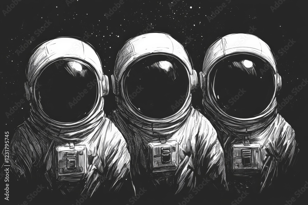 Poster Three astronauts exploring the vastness of space against a starry backdrop