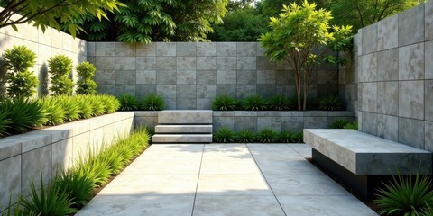 Serene Minimalist Courtyard Design Featuring Stone Walls, Lush Greenery, and a Modern Concrete Bench