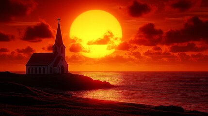 Obraz premium A church with a cross on its steeple silhouetted against a fiery orange sunset