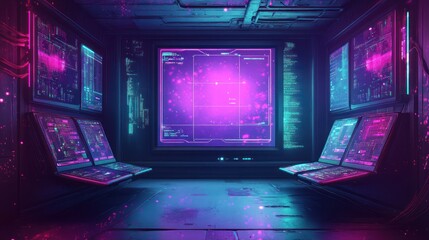 Obraz premium Futuristic control room, monitoring cosmic event, neon lighting, data analysis