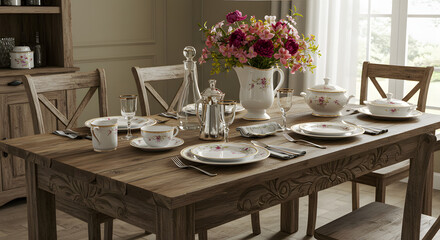 Elegant Rustic Dining Room Table Setting with Floral Centerpiece