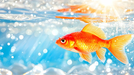 Fototapeta premium Goldfish swimming underwater, sun rays, bubbles. Perfect for aquatic themes
