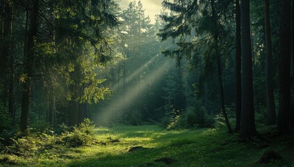 Fototapeta premium A forest with sunlight shining through the trees