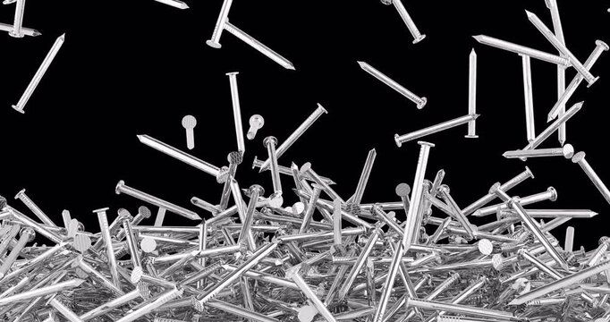 Steel nails, metal nails falling and fill the screen. 3D animation on transparent background