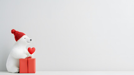 Cute white polar bear offering a gift with a heart, with copy space for text. Happy Valentine's Day