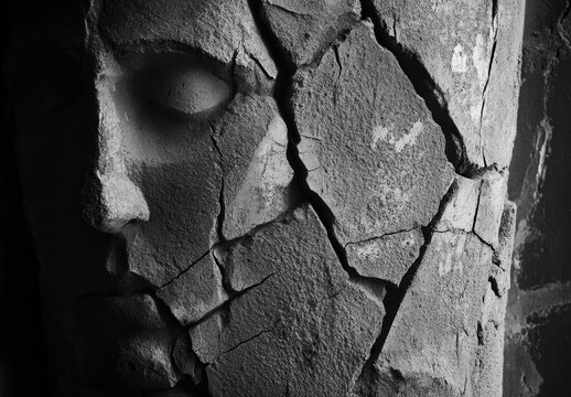 A face made of stone with a broken nose and a missing eye
