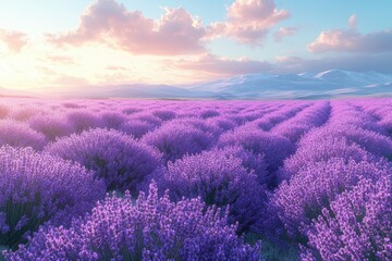 Fototapeta premium A breathtaking lavender field under a colorful sky at sunset, showcasing vibrant purple blooms stretching towards the horizon.