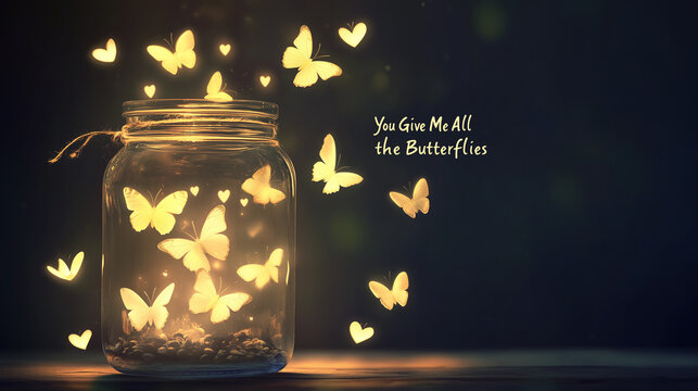 Funny Valentine's card design featuring a jar filled with glowing butterflies and the pun "You Give Me All the Butterflies"