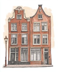 Fototapeta premium Two Traditional Brick Houses with a Lamppost