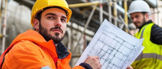 Construction workers analyzing building blueprints at a job site, ensuring project accuracy and safety compliance, with scaffolding in the background.