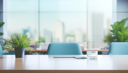 Bright office mock-up with a glossy table top in focus and the room behind it out of focus.