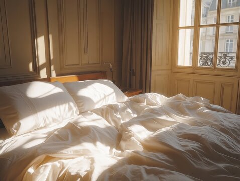 A bed with white sheets and pillows is in a room with a window