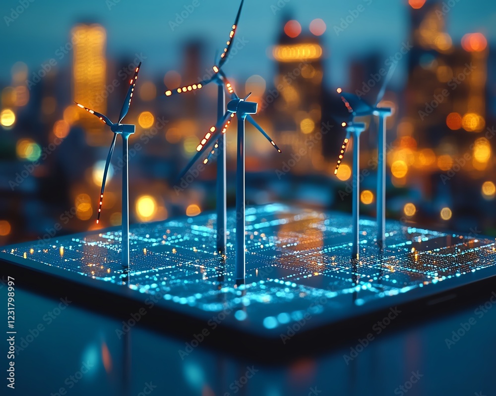 Aufkleber Miniature wind turbines displayed on a digital tablet, symbolizing corporate responsibility and ESG reporting, with a modern tech design and green energy focus