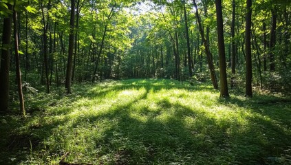 Fototapeta premium A forest with a large open field of grass