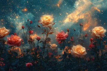 A garden of metallic roses under a sky filled with digital constellations, shimmering in the artificial light.