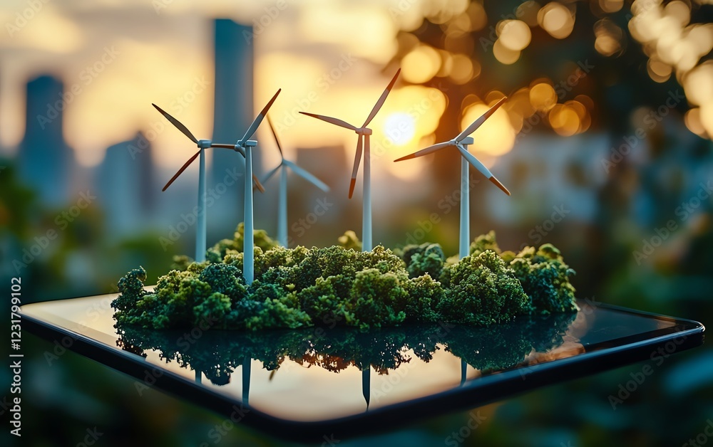 Aufkleber miniature wind turbines on a digital tablet, symbolizing the integration of corporate responsibility