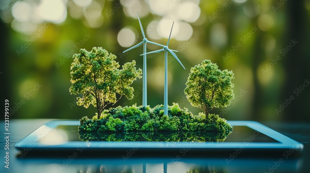 Poster miniature wind turbines on a digital tablet, symbolizing the integration of corporate responsibility
