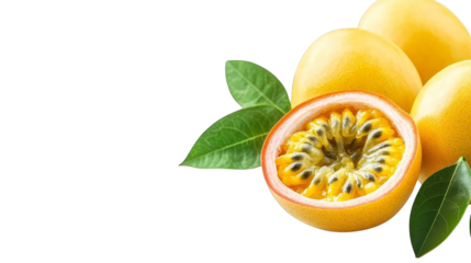 Closeup of a halved passion fruit revealing its vibrant seeds and juicy interior, tropical delight.