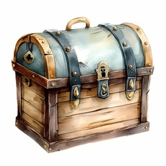 Treasure chest with wooden base and metallic accents on a white background. Generative AI