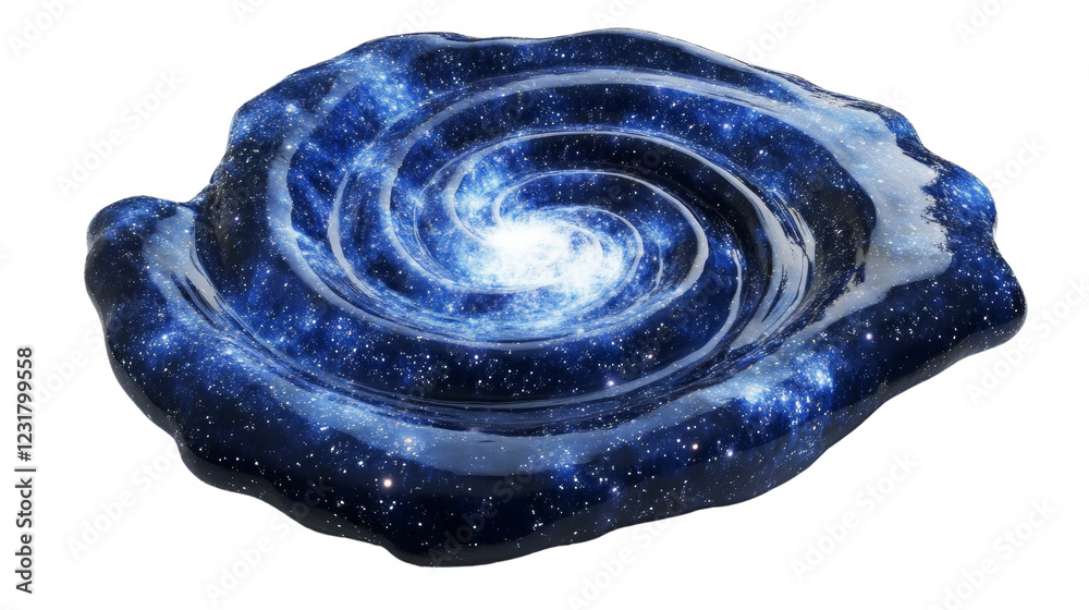 Poster a digital rendering depicts a swirling galaxy contained within a dark blue liquid form against a bla